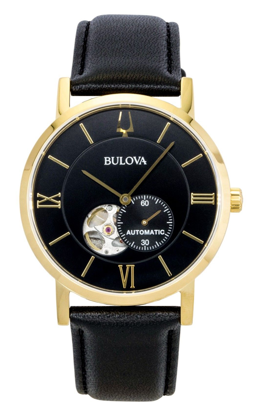 Bulova American Clipper Leather Strap Open Heart Black Dial Automatic 97A154 Men's Watch - Bulova