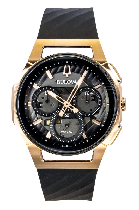 Bulova Curv Chronograph Rubber Strap Black Dial Quartz 98A185 Men's Watch - Bulova
