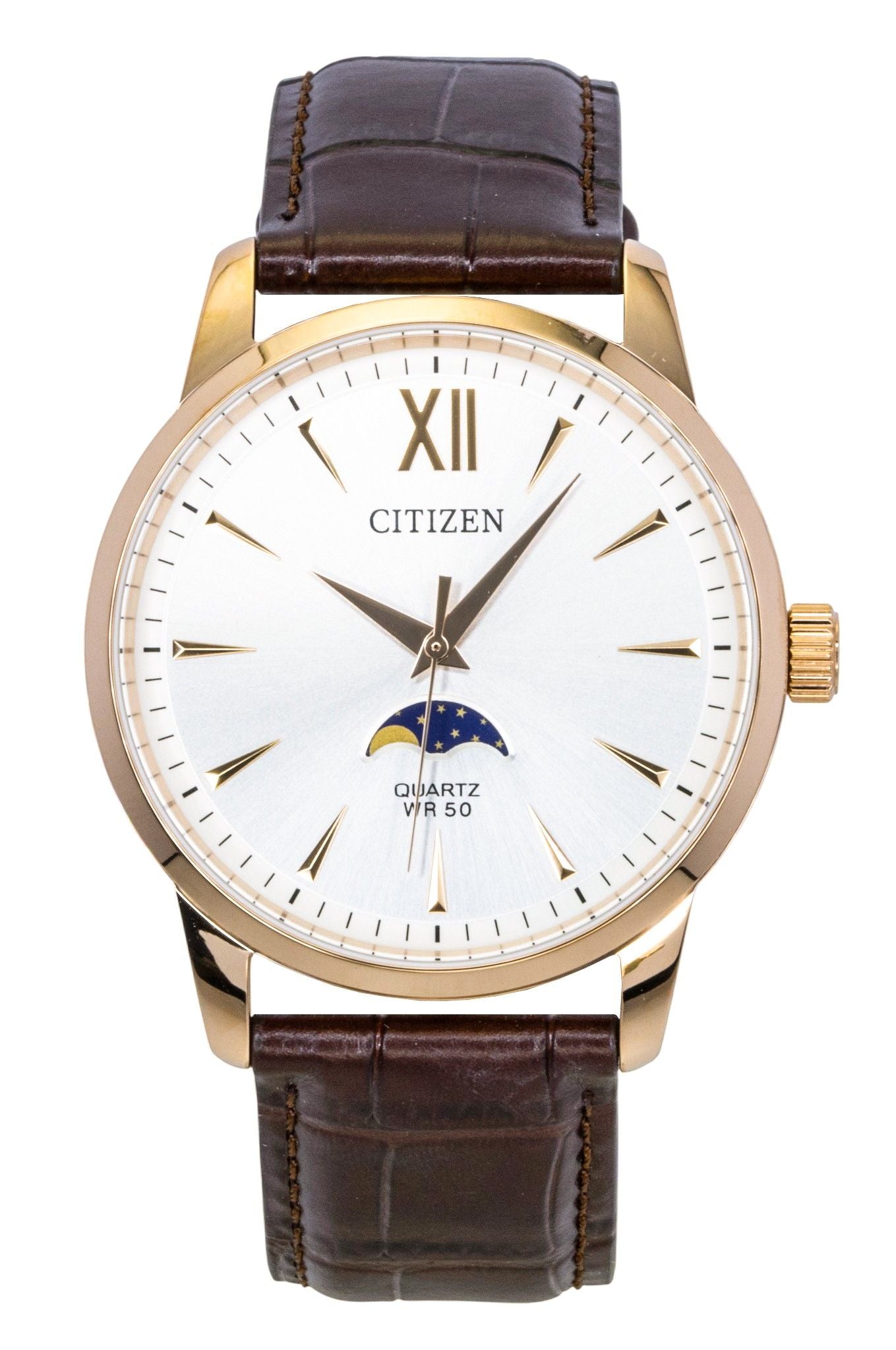 Citizen Moonphase Brown Leather Silver Dial Quartz AK5003-05A Men's Watch - Citizen