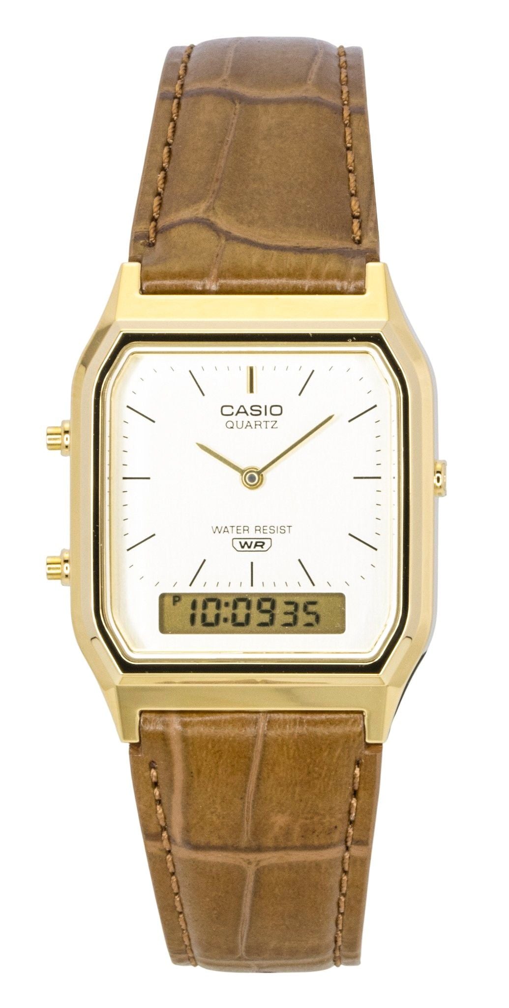 Casio Vintage Analog Digital Leather Strap Gold Dial Quartz AQ-230EGL-9A Unisex Watch - Casio
