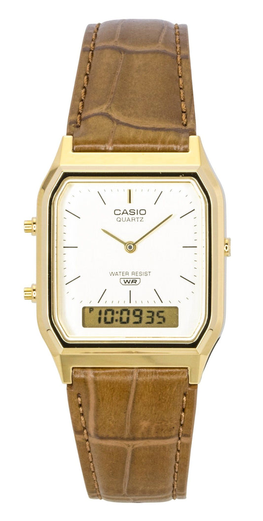 Casio Vintage Analog Digital Leather Strap Gold Dial Quartz AQ-230EGL-9A Unisex Watch - Casio