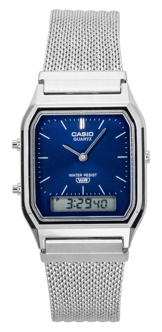 Casio Vintage Analog Digital Stainless Steel Mesh Bracelet Blue Dial Quartz AQ-230EM-2A Unisex Watch - Casio