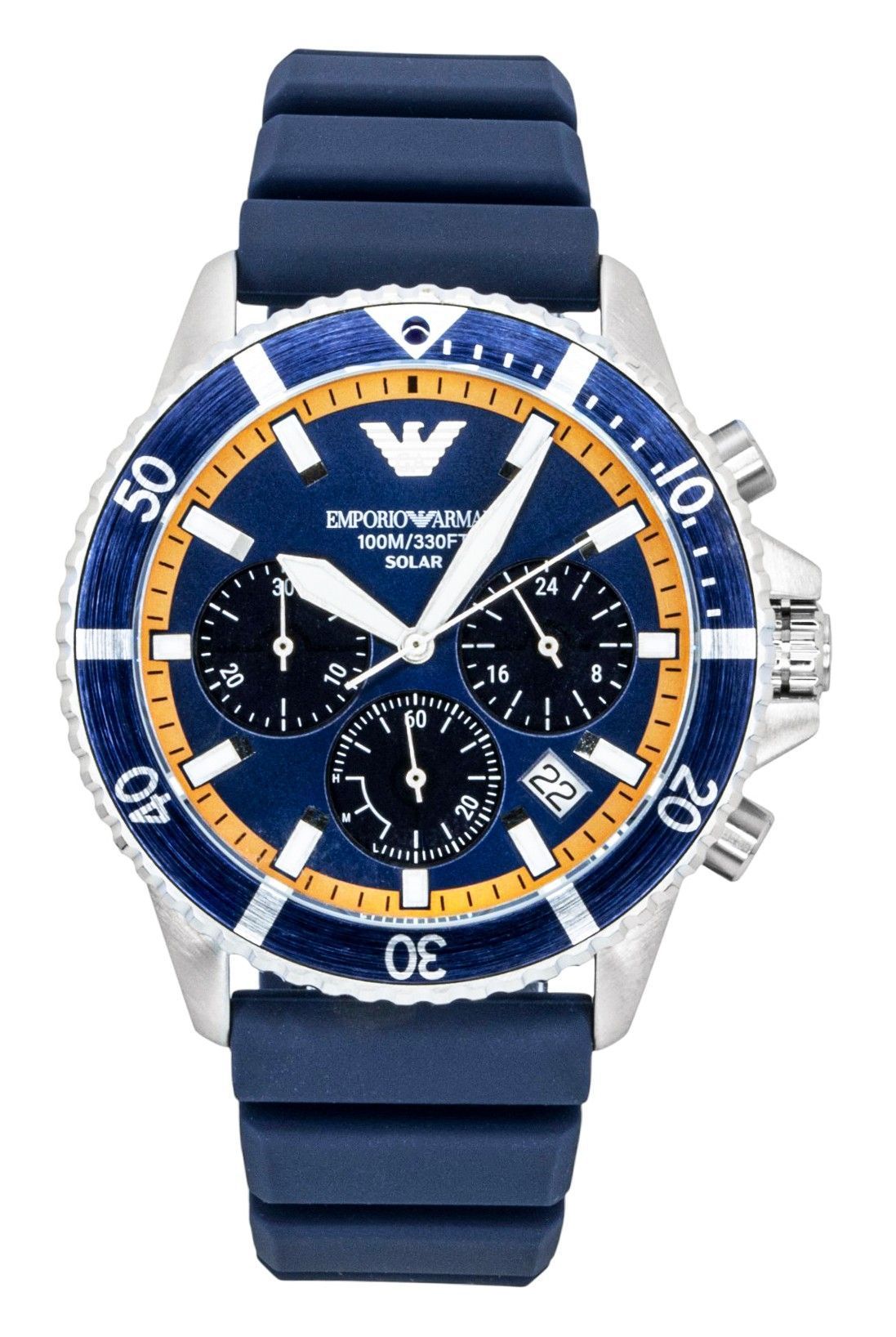 Emporio Armani World Explorer Chronograph Silicone Strap Blue Dial Solar AR11696 100M Men's Watch - Emporio Armani