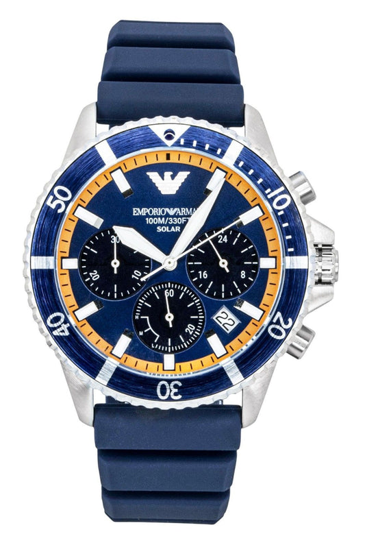 Emporio Armani World Explorer Chronograph Silicone Strap Blue Dial Solar AR11696 100M Men's Watch - Emporio Armani