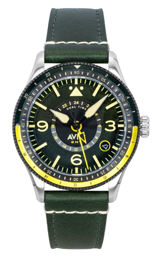 AVI-8 Flyboy Airmaster GMT Fuselage Green Leather Strap Green Dial Automatic AV-4128-03 Men's Watch - AVI-8