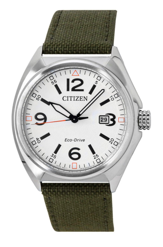 Citizen Eco-Drive Green Nylon Strap White Dial AW1571-09A 100M Men's Watch - Citizen