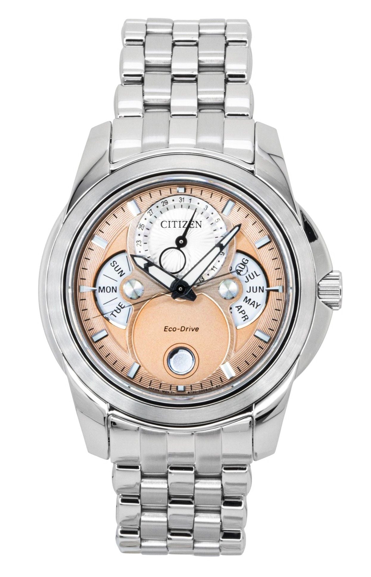 Citizen Calendrier Moon Phase Stainless Steel Salmon Dial Eco-Drive BU0080-52X 100M Men's Watch - Citizen