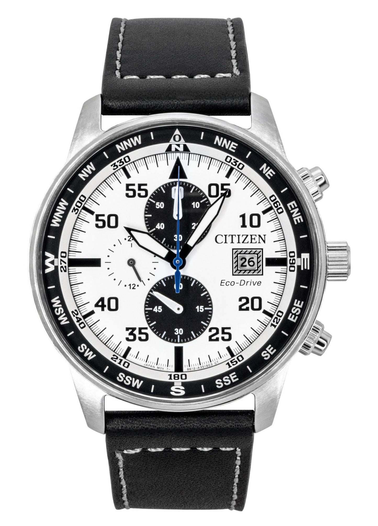 Citizen Eco-Drive Aviator Chronograph Leather Strap White Dial CA0880-07A 100M Men's Watch - Citizen