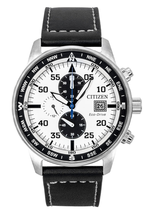 Citizen Eco-Drive Aviator Chronograph Leather Strap White Dial CA0880-07A 100M Men's Watch - Citizen
