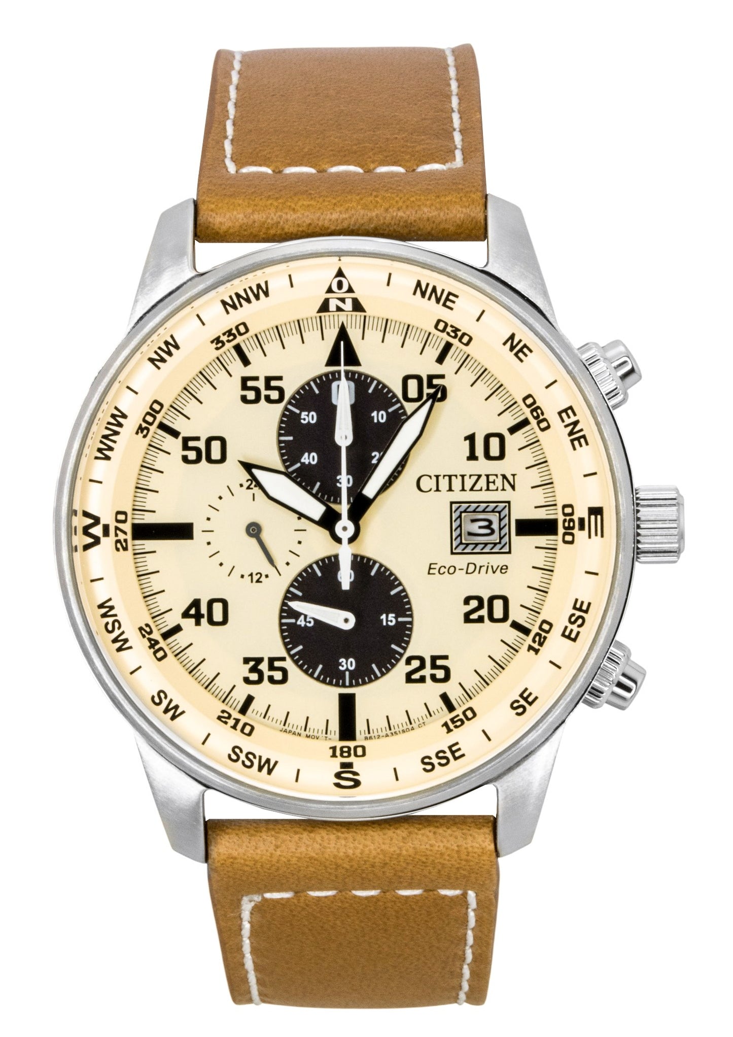 Citizen Eco-Drive Aviator Chronograph Leather Strap Beige Dial CA0880-15X 100M Men's Watch - Citizen