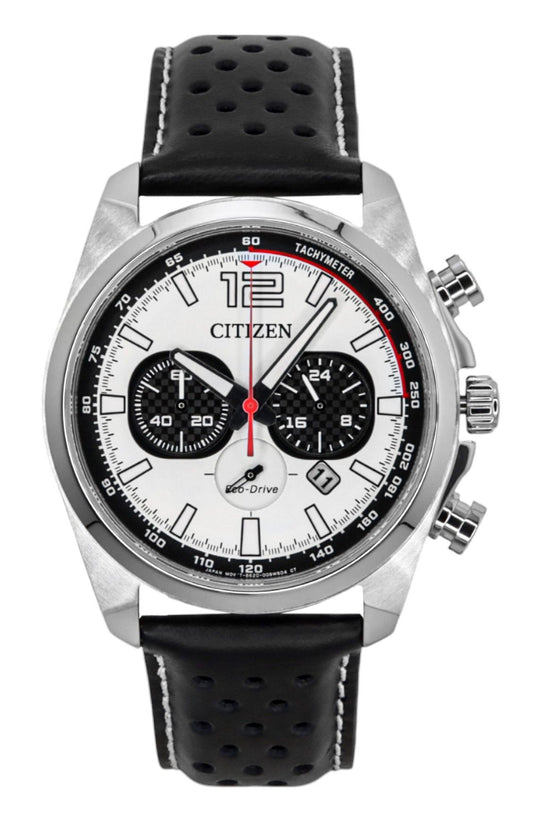 Citizen Eco-Drive Chronograph Leather Strap White Dial CA4640-09A 100M Men's Watch - Citizen