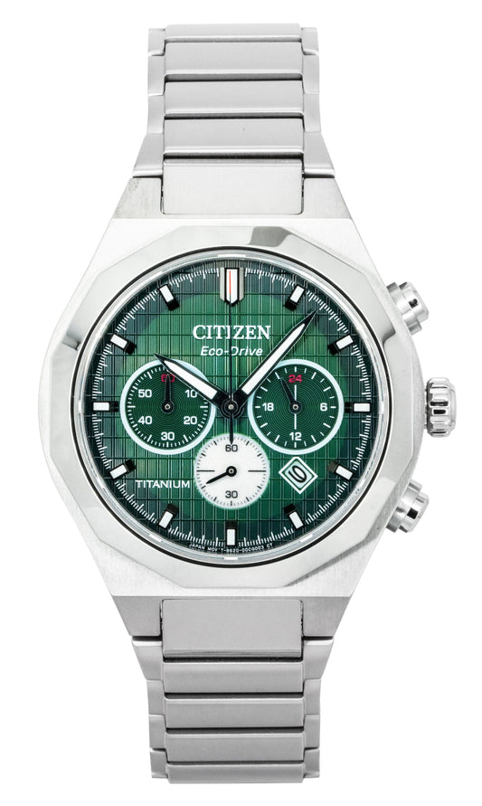 Citizen Zenshin Senkei Chronograph Super Titanium Green Dial Eco-Drive CA4691-59X 100M Men's Watch - Citizen