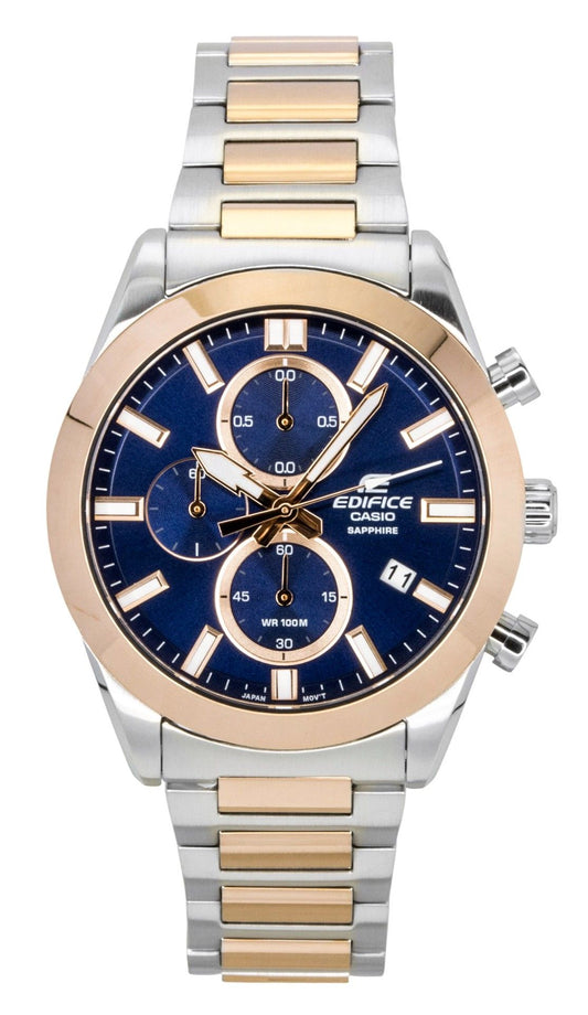 Casio Edifice Analog Chronograph Two Tone Stainless Steel Blue Dial Quartz EFB-710SG-2AV 100M Men's Watch - Casio