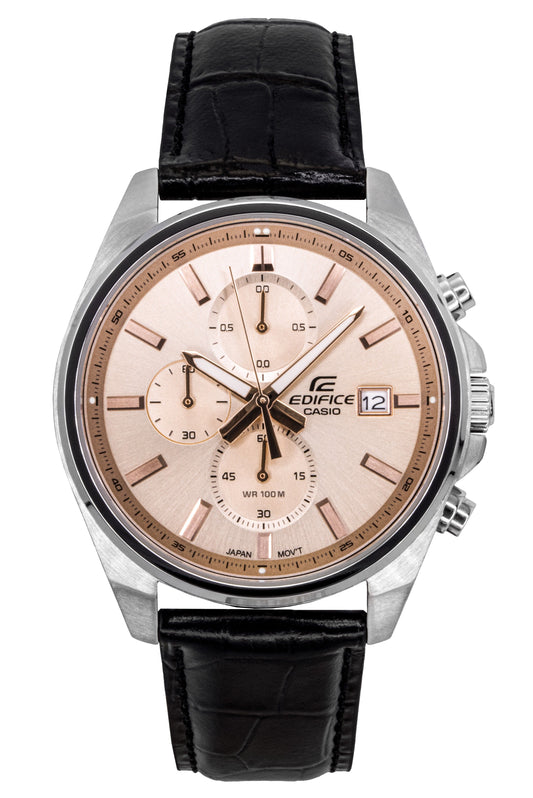 Casio Edifice Analog Standard Chronograph Leather Strap Salmon Dial Quartz EFV-610EL-5A 100M Men's Watch - Casio