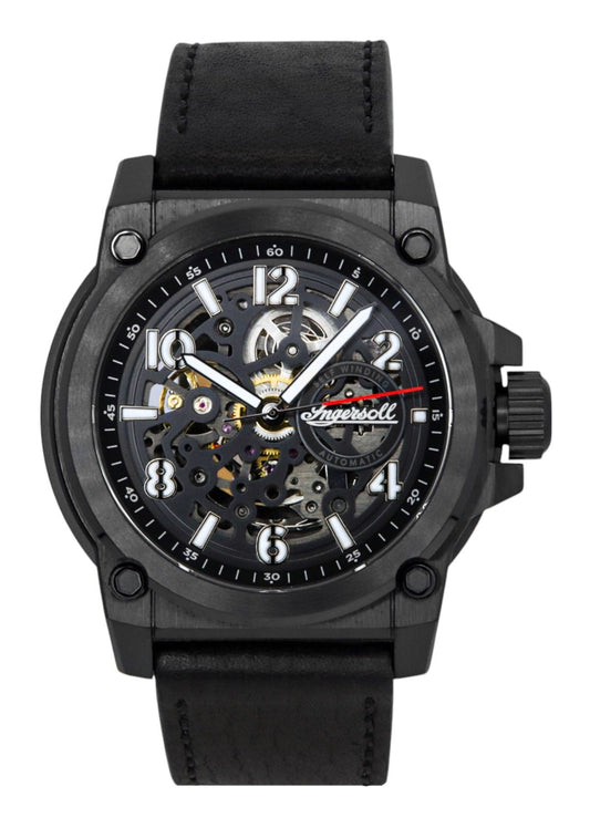 Ingersoll The Anvil Leather Strap Black Skeleton Dial Automatic I16602 Men's Watch - Ingersoll
