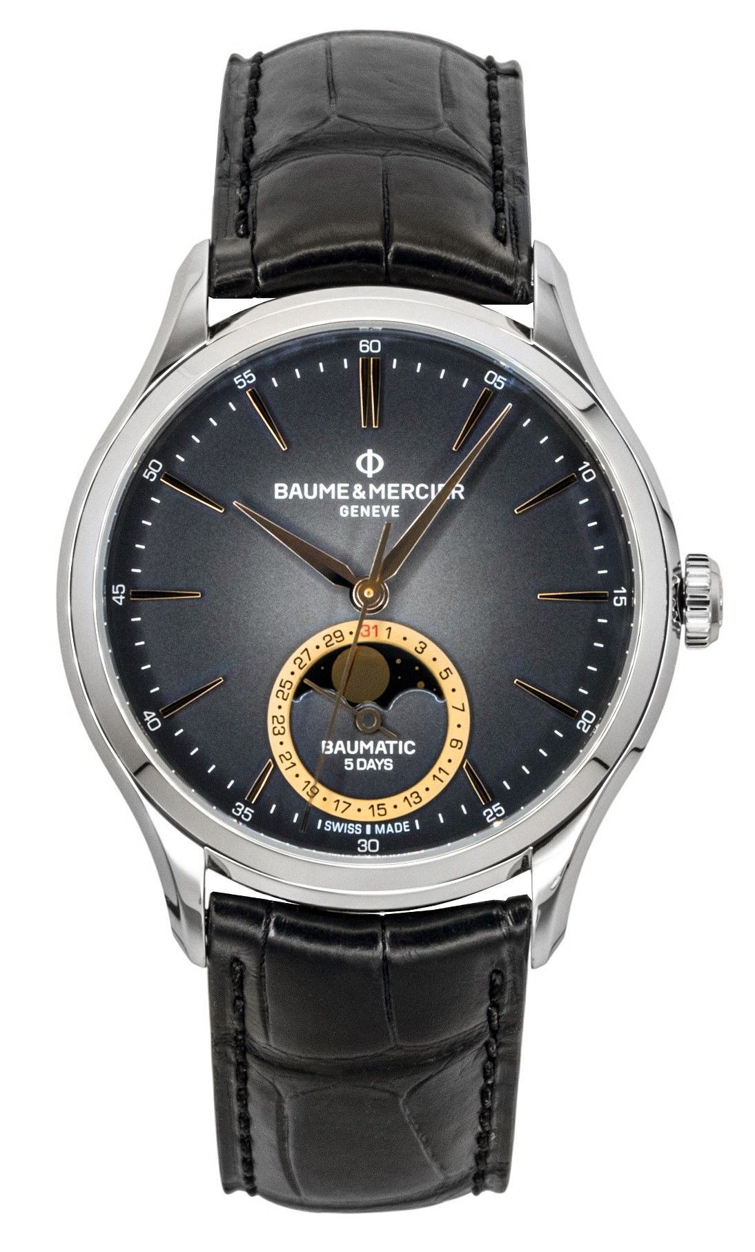 Baume & Mercier Clifton Leather Strap Moon phase Black Dial Automatic M0A10758 Men's Watch - Baume & Mercier