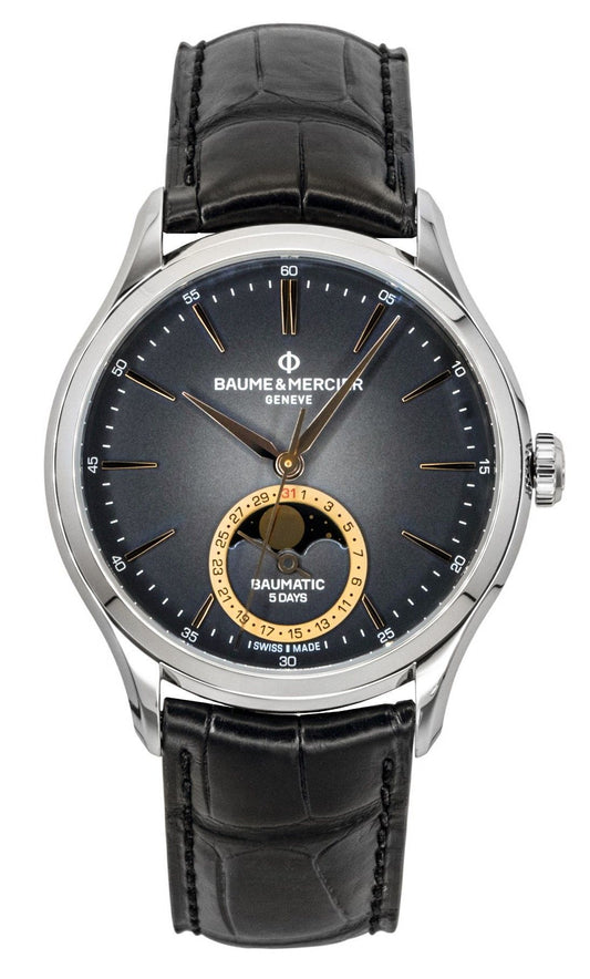 Baume & Mercier Clifton Leather Strap Moon phase Black Dial Automatic M0A10758 Men's Watch - Baume & Mercier
