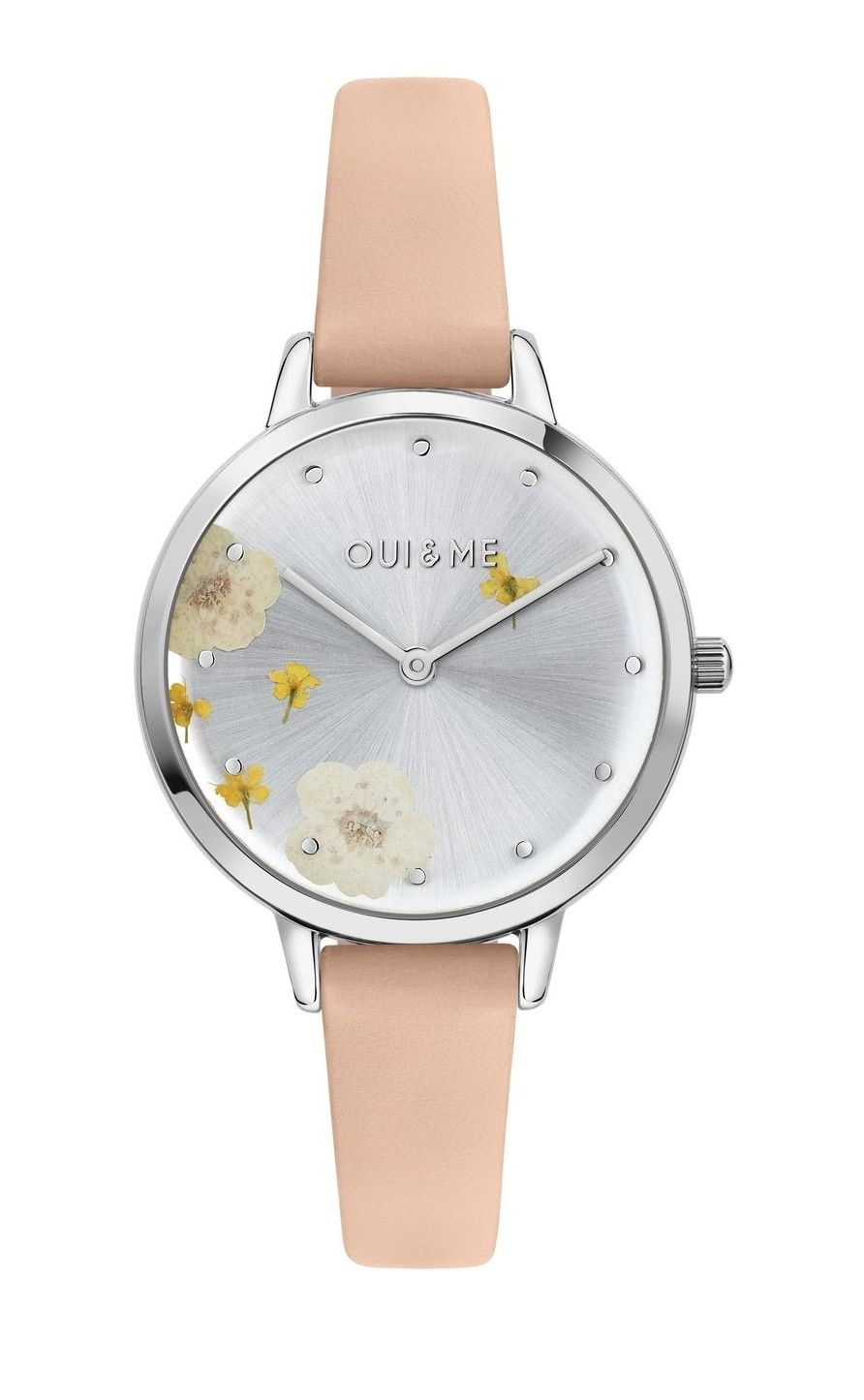 Oui & Me Fleurette Pink Leather Strap Silver Dial Quartz ME010372 Women's Watch - Oui & Me