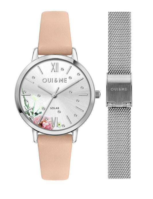 Oui & Me Fleurette Pink Leather Strap Silver Dial Solar ME010373 Women's Watch With Extra Bracelet - Oui & Me