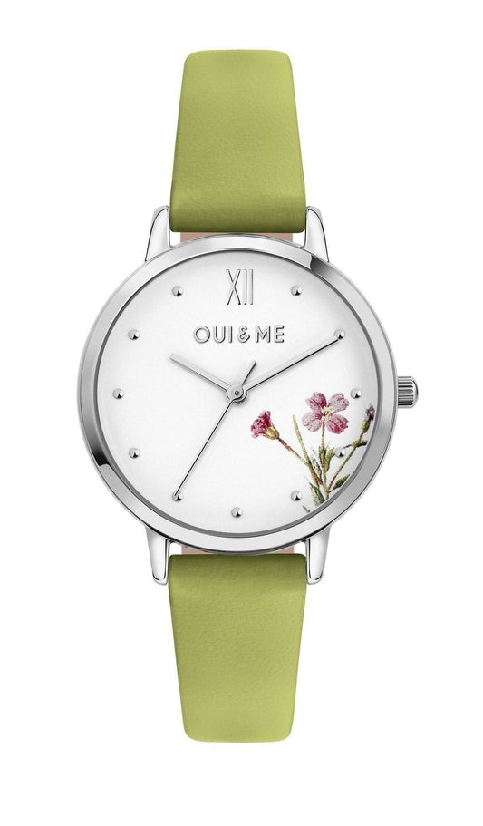 Oui & Me Fleurette Green Leather Strap White Dial Quartz ME010379 Women's Watch - Oui & Me