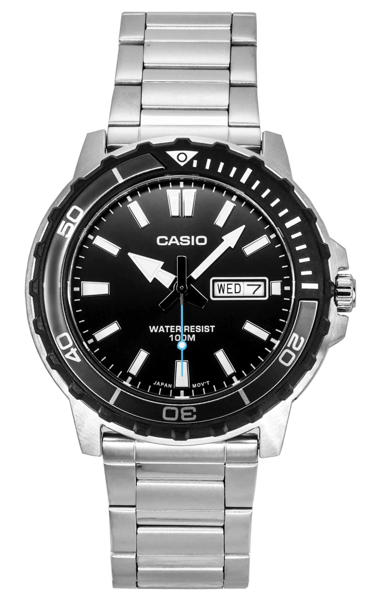 Casio watch with black dial and silver metal strap on a white background