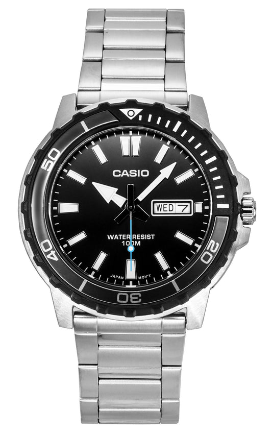 Casio watch with black dial and silver metal strap on a white background
