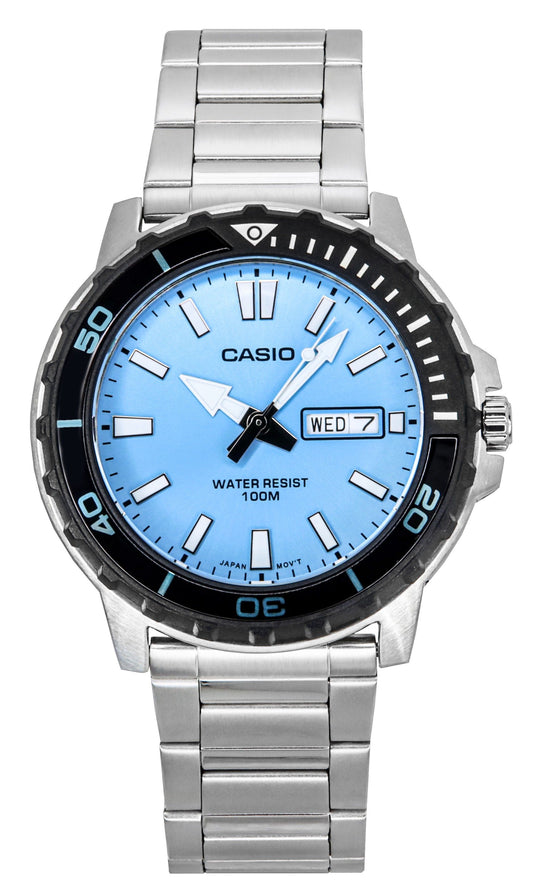 Casio watch with silver metal strap and blue dial on a white background