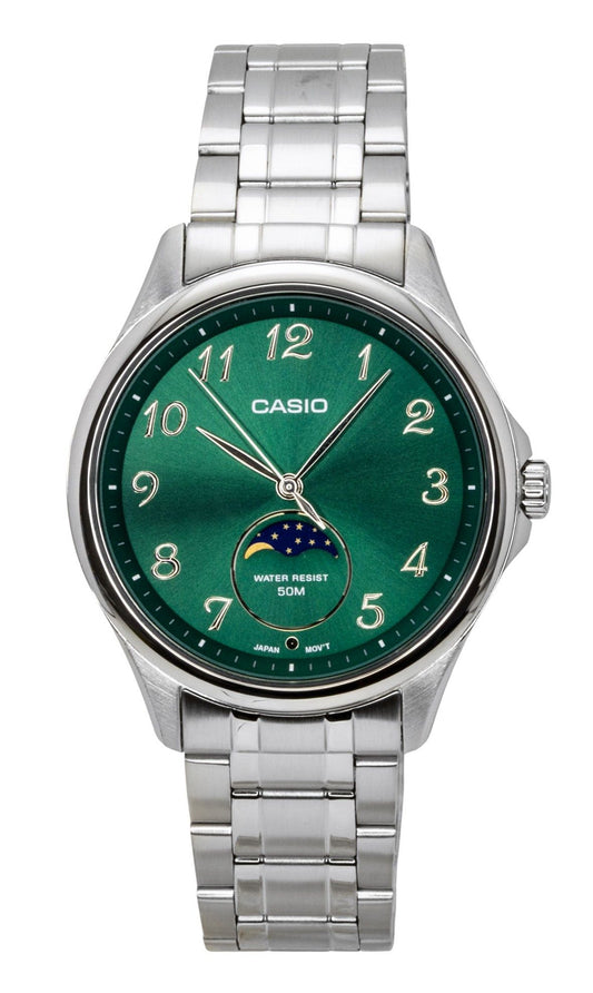Casio Standard Analog Moon Phase Stainless Steel Green Dial Quartz MTP-M110D-3AV Men's Watch - Casio