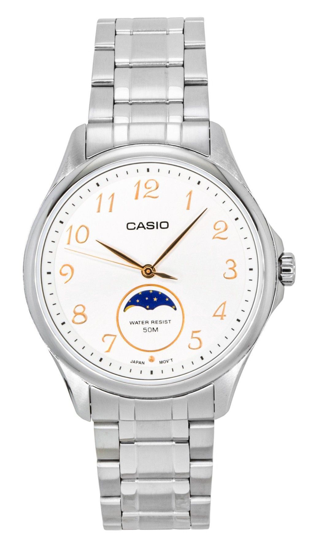 Casio Standard Analog Moon Phase Stainless Steel White Dial Quartz MTP-M110D-7AV Men's Watch - Casio