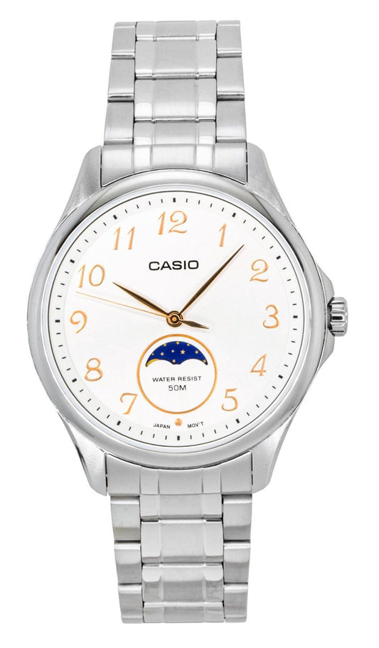 Casio Standard Analog Moon Phase Stainless Steel White Dial Quartz MTP-M110D-7AV Men's Watch - Casio