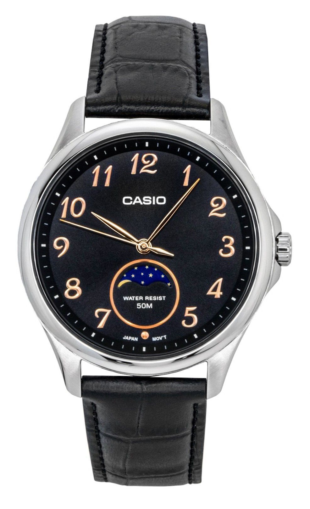 Casio Standard Analog Moon Phase Leather Strap Black Dial Quartz MTP-M110L-1AV Men's Watch - Casio