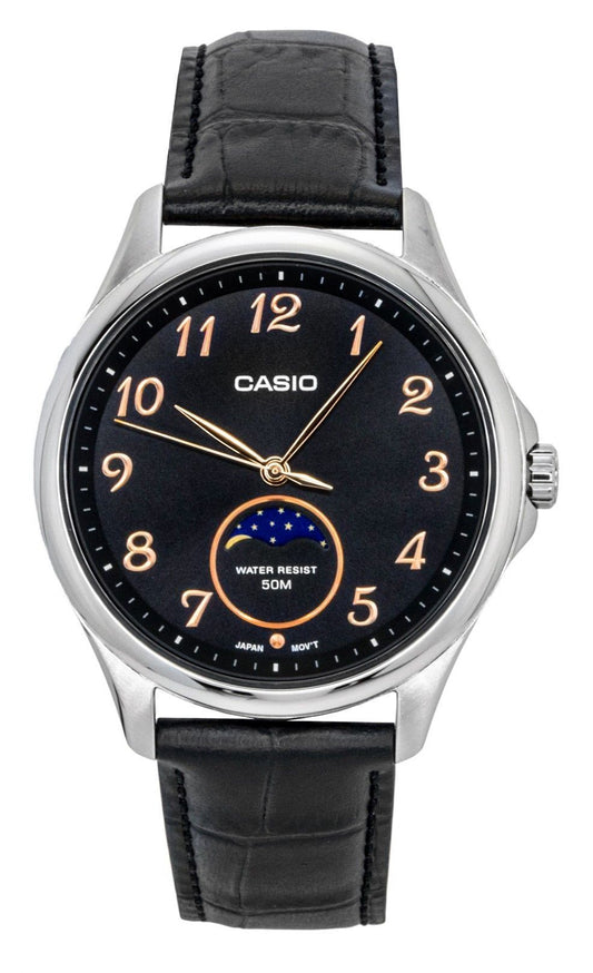 Casio Standard Analog Moon Phase Leather Strap Black Dial Quartz MTP-M110L-1AV Men's Watch - Casio