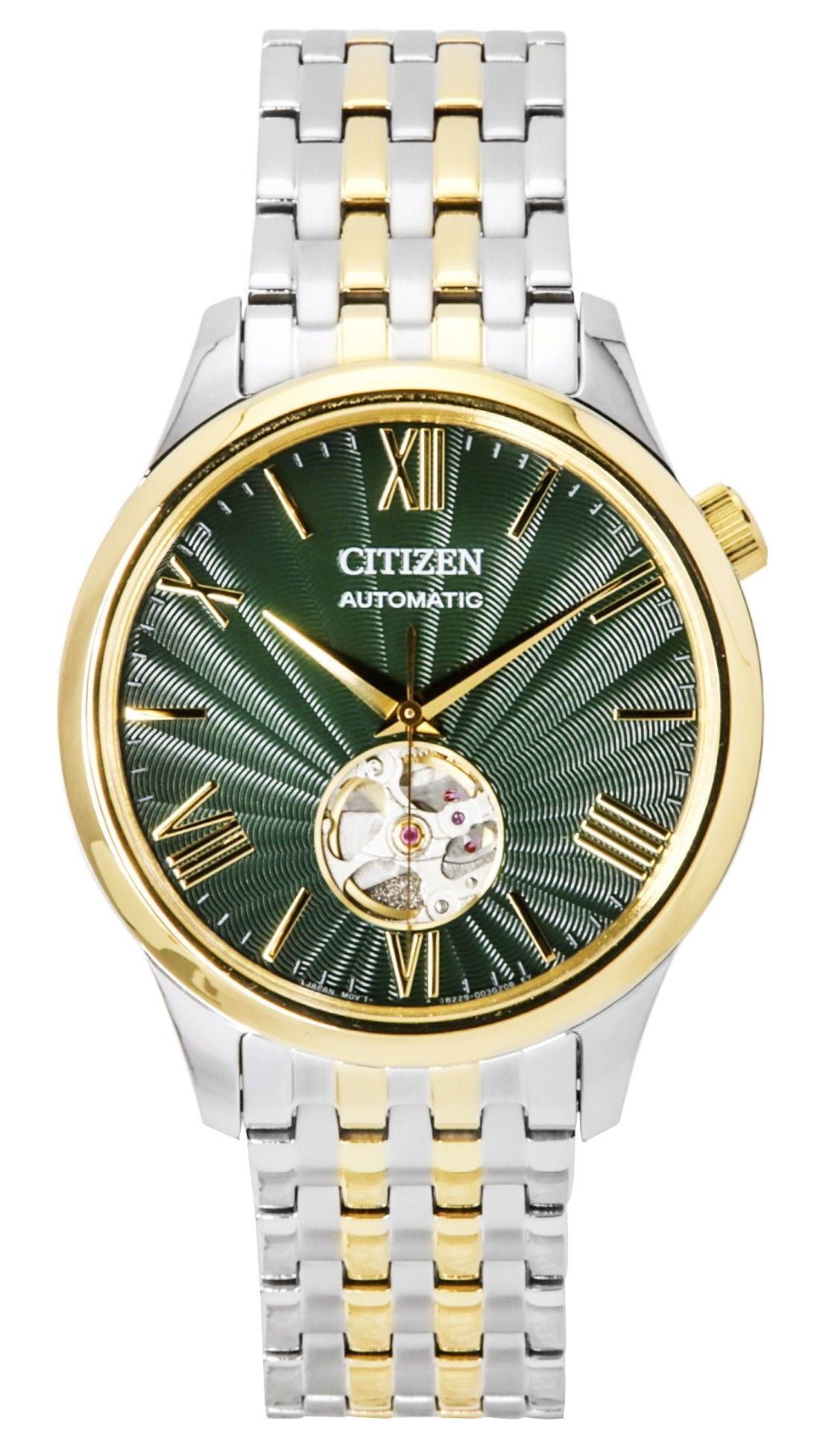 Citizen Two Tone Stainless Steel Open Heart Green Dial Automatic NH9134-83X Men's Watch - Citizen