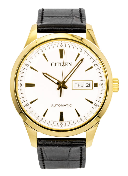 Citizen Leather Strap White Dial Automatic NY4059-09A Men's Watch - Citizen