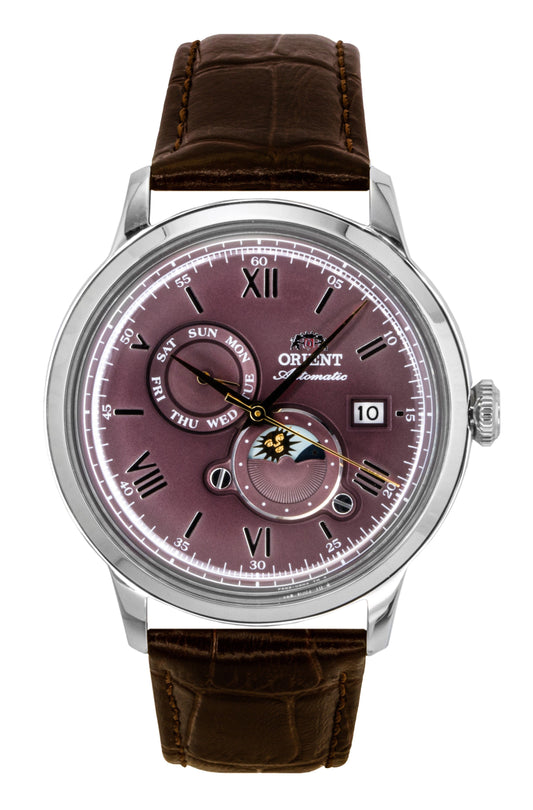 Orient Classic Sun and Moon Leather Strap Bordeaux Dial Automatic RA-AK0807R Men's Watch - Orient