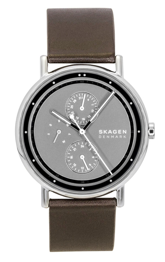 Skagen Signatur Leather Strap Multifunction Grey Dial Quartz SKW6941 Men's Watch - Skagen