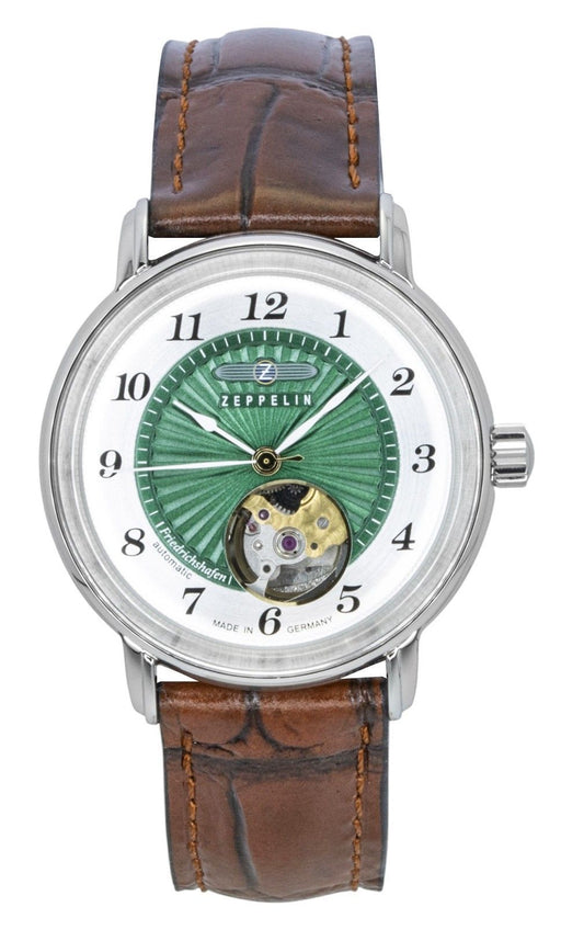 Zeppelin Friedrichshafen Leather Strap Open Heart Green Dial Automatic 85672 Women's Watch - Zeppelin