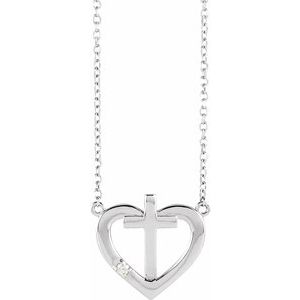 Sterling Silver .015 CT Natural Diamond Heart & Cross 18" Necklace - BN & CO JEWELRY