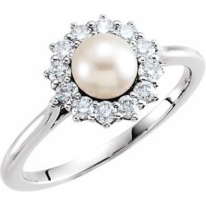 14K White Cultured White Freshwater Pearl & 1/3 CTW Natural Diamond Ring - BN & CO JEWELRY