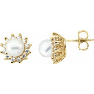 14K Yellow Cultured White Akoya Pearl & 1/3 CTW Natural Diamond Earrings - BN & CO JEWELRY