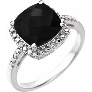 14K White Natural Black Onyx & .03 CTW Natural Diamond Ring - BN & CO JEWELRY