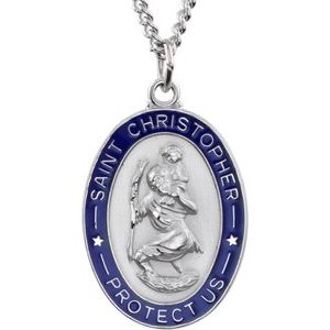 Sterling Silver 26x20 mm Blue Enamel St. Christopher Medal 24" Necklace - BN & CO JEWELRY