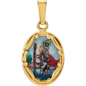14K Yellow 13x10 mm St. Christopher Hand-Painted Porcelain Medal - BN & CO JEWELRY