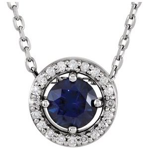 14K White Natural Blue Sapphire & .05 CTW Natural Diamond Halo-Style 16" Necklace - BN & CO JEWELRY