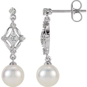14K White Cultured White Freshwater Pearl & 1/6 CTW Natural Diamond Earrings - BN & CO JEWELRY