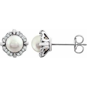 14K White Cultured White Freshwater Pearl & 1/10 CTW Natural Diamond Earrings - BN & CO JEWELRY