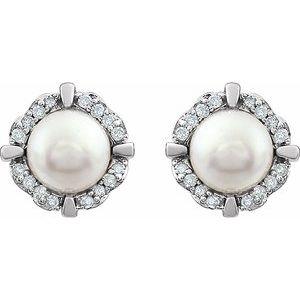 14K White Cultured White Freshwater Pearl & 1/10 CTW Natural Diamond Earrings - BN & CO JEWELRY