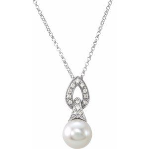 14K White Freshwater White Cultured Pearl & .08 CTW Natural Diamond 18" Necklace - BN & CO JEWELRY