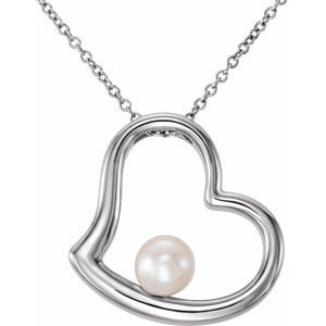 14K White Cultured White Freshwater Pearl Heart 18" Necklace - BN & CO JEWELRY
