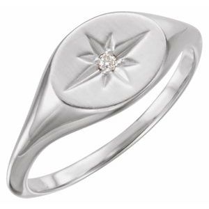 14K White .02 CT Diamond 10x8 mm Oval Starburst Signet Ring - BN & CO JEWELRY